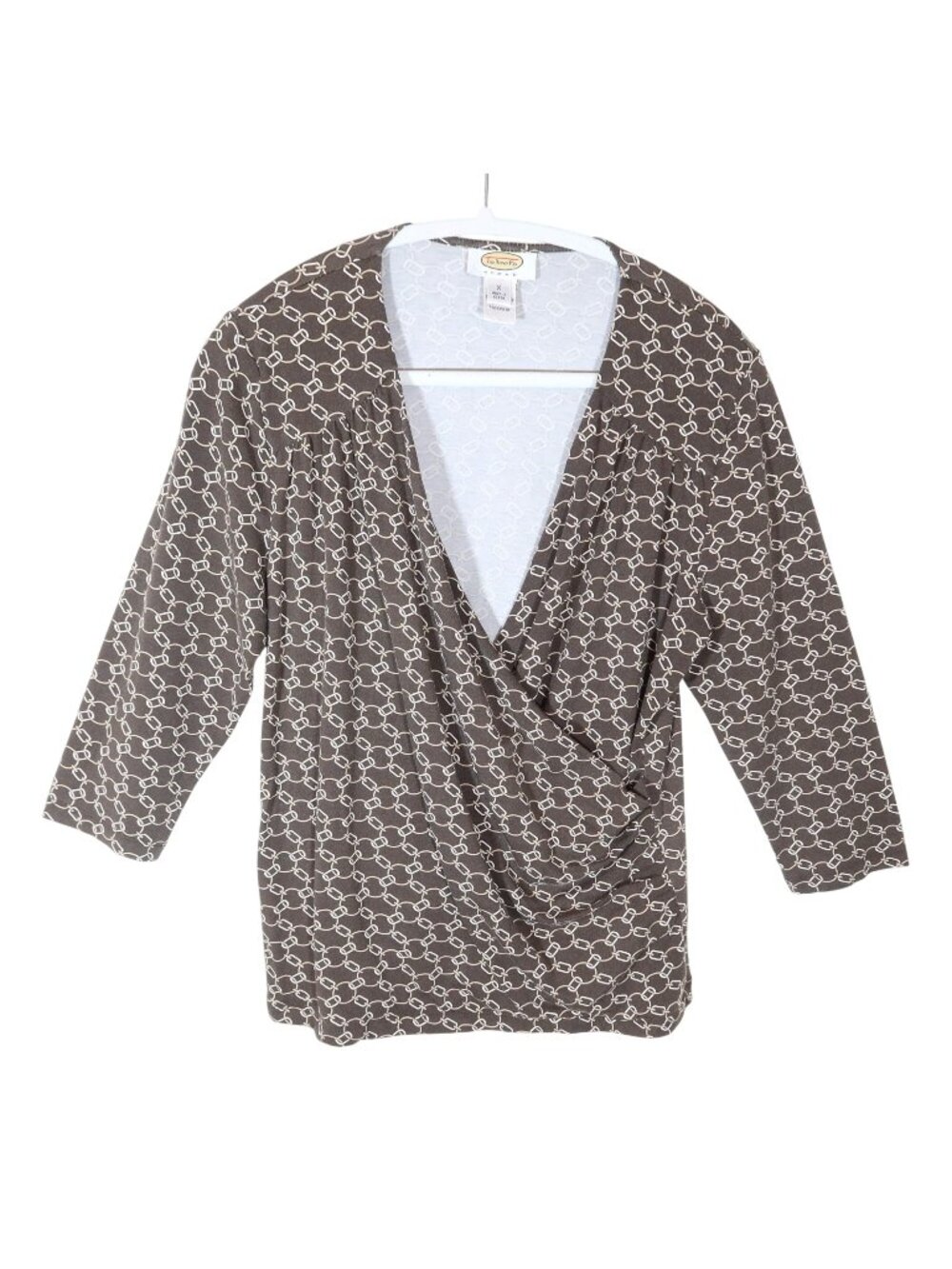 TALBOTS Faux Wrap Chain Print 3/4 Sleeve Jersey Knit Pullover Top 0X Equestrian